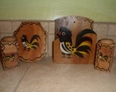 4 Piece Wooden Rooster Kitchen Set, Napkin Holder, Salt & Pepper Shakers, Meat Press, Hand Painted Japan