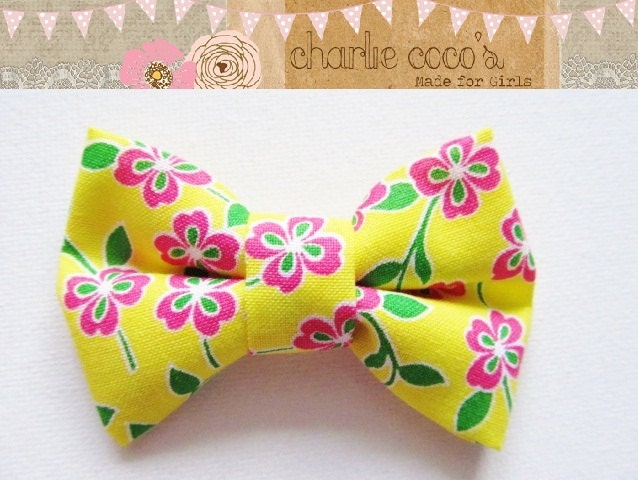 Fabric Bow Hair Clip, Vintage Inspired Floral Hair Bow, Floral Fabric Hair Bow, Yellow and Pink Hair Bow Clip- "Simply Sunny"