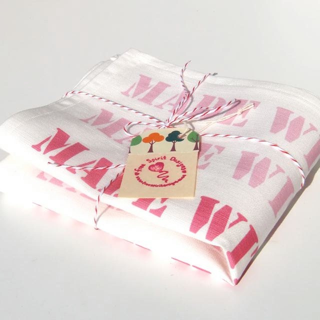 Tea Towel Luxury Linen Cotton, Made With Love, Original Design, Pastel Pink Kitchen Décor Cottage Chic