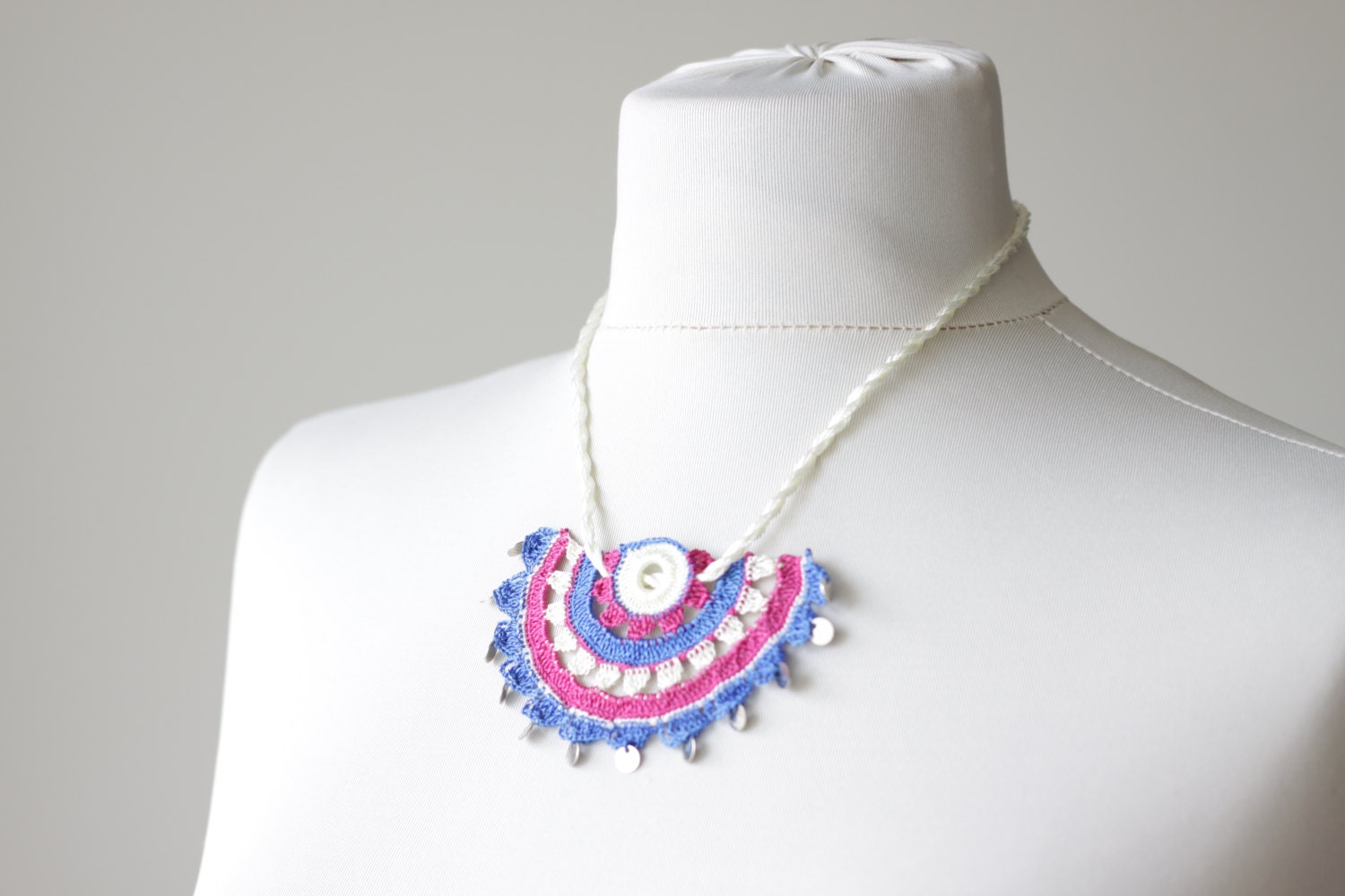 Crochet Necklace with Turkish Crochet oya, blue fucshia cream, Women accessories, NEW, Oya, Floral, Handmade, Spring Trends Fashion