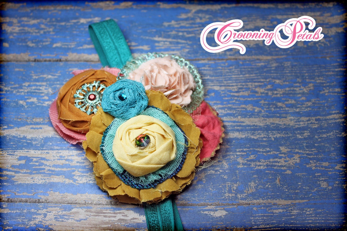 Anthropology Hair Accessory, Vintage Headband, Brooch, Fabric Flower Headband, Turquoise, Coral, Mustard Hair Accessory, Baby Girl Hair Bow