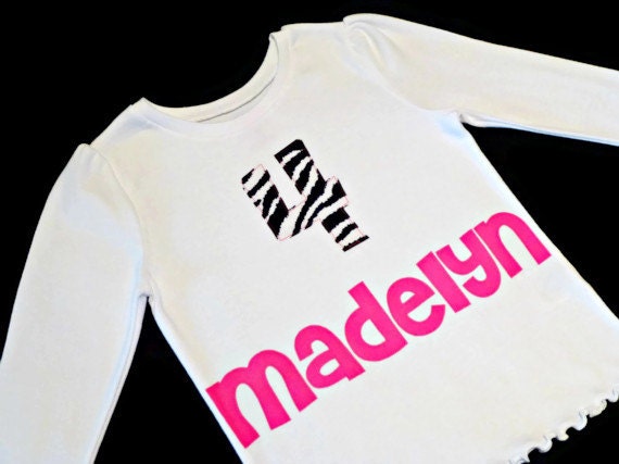 Personalized Shirt, Custom Girls Birthday T-Shirt or Onesie with Appliqued Name & Number in Animal Prints, Zebra, Leopard, Kids Clothes