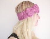 Crochet Bow Ear Warmer Headband in Cool Pink