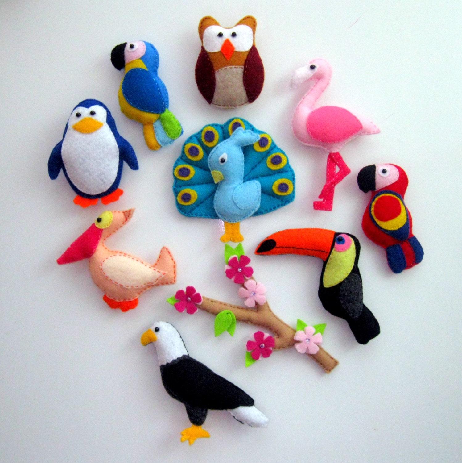 Felt Birds Collection , Fridge Magnets - Baby Toy , owl flamingo eagle penguin peacock parrots maccaws pelican toucan sakura branch