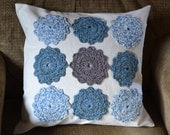 Decorative  Accent Pillow 18 X 18  Flower Crochet Applique Purple Blue Beige