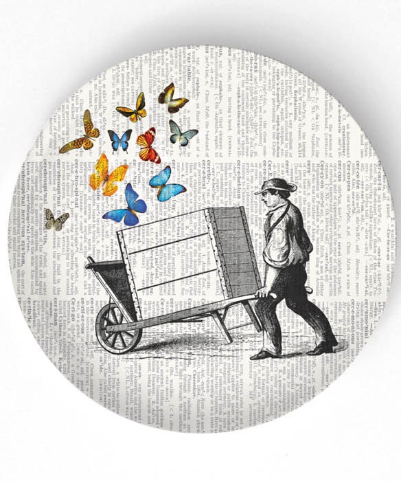 Butterfly Cart with vintage dictionary page on 10 inch Melamine Plate