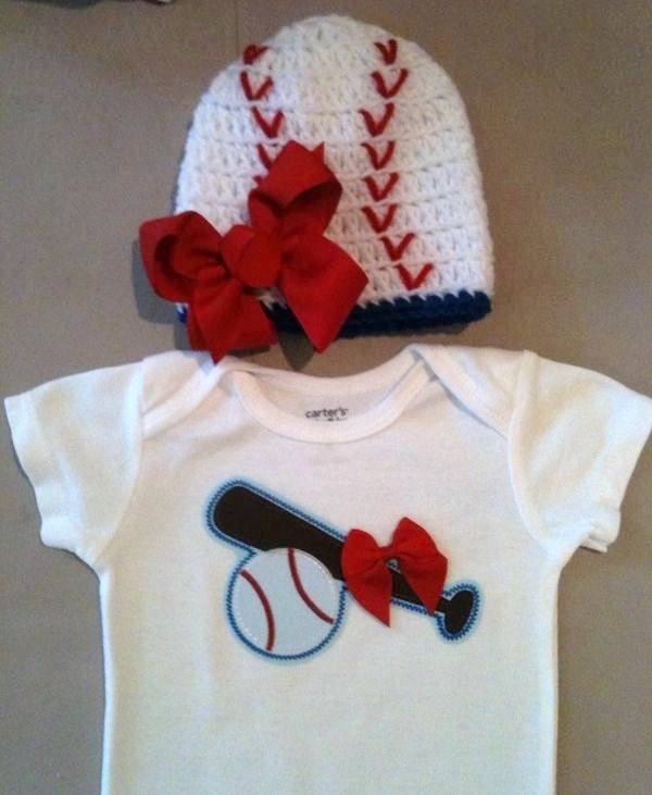 Baseball onesie set for baby girls with matching baseball beanie hat w/ bow