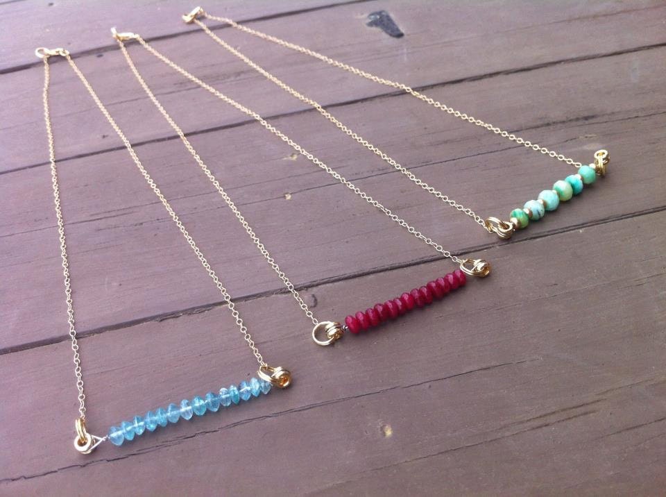 Bar Necklace with Your Choice of Opal Labadorite Ruby Apatite Stones and Recycled Guitar String on Gold Filled Chain