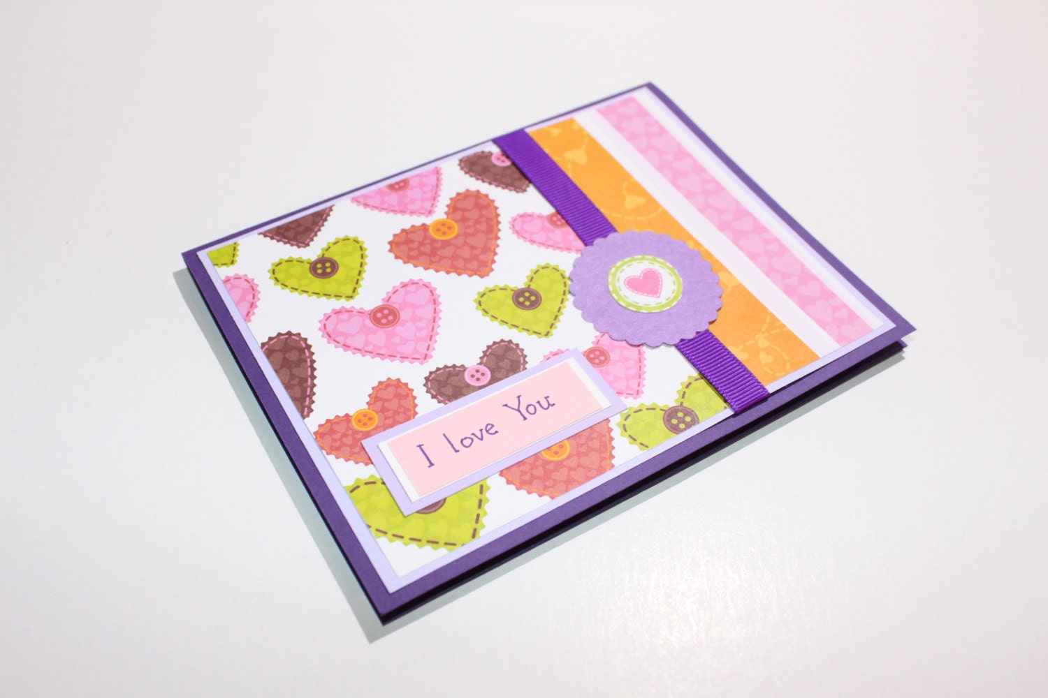 I Love You card in purple and pink, handwritten card, handmade stationery