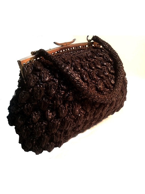 french vtg RAFFIA 60S HANDBAG/ clasp metal
