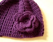 Crochet hat - beanie eggplant purple with a flower