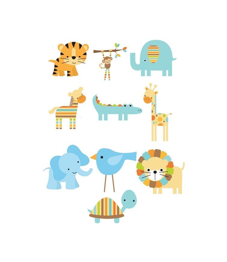 Set of 10 Iron On Blue Jungle Animal  Appliques for  Baby Boy Shower, Blue, Green,  Decorate Onesies