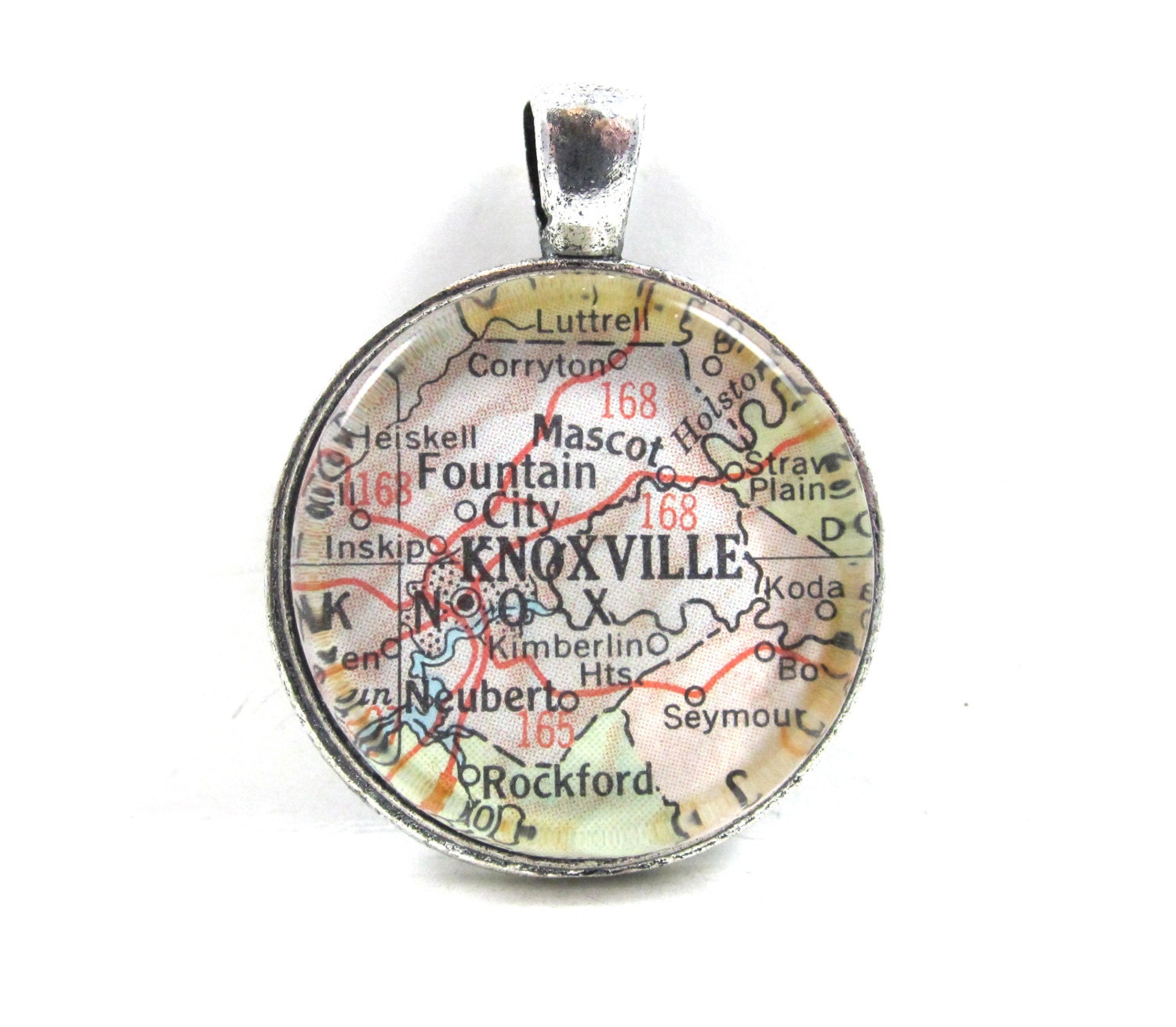 Vintage Map Pendant of Knoxville, Tennessee, in Glass Tile Circle