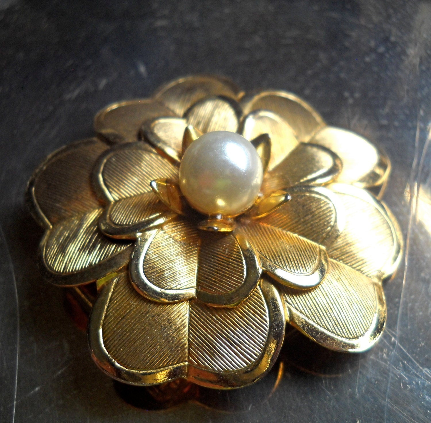 Vintage Scarf Clip, Gold Flower with a Pearl Center