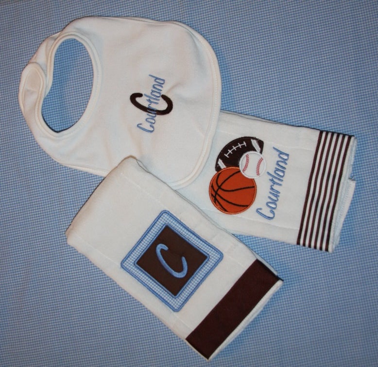 Personalized embroidered sports burp cloths and bib set