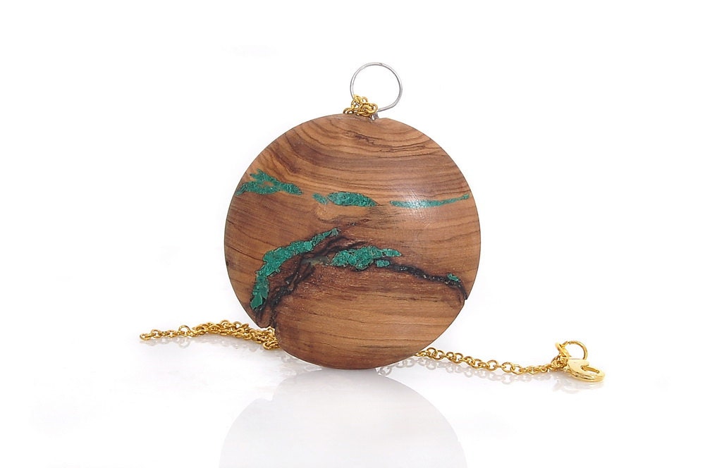 Wood Pendant, Olivewood and Malachite 3