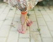 Hippie Barefoot sandals. Orange green drops beaded crochet sexy foot jewelry, ethnic, boho, hippie beach fashion, nude shoes, yoga,Summer