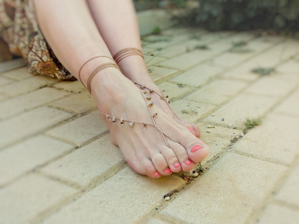 Beige barefoot sandals Tan drop Beaded crochet  sandle Summer beach chic fashion, bohemian, hippie, surfer girl