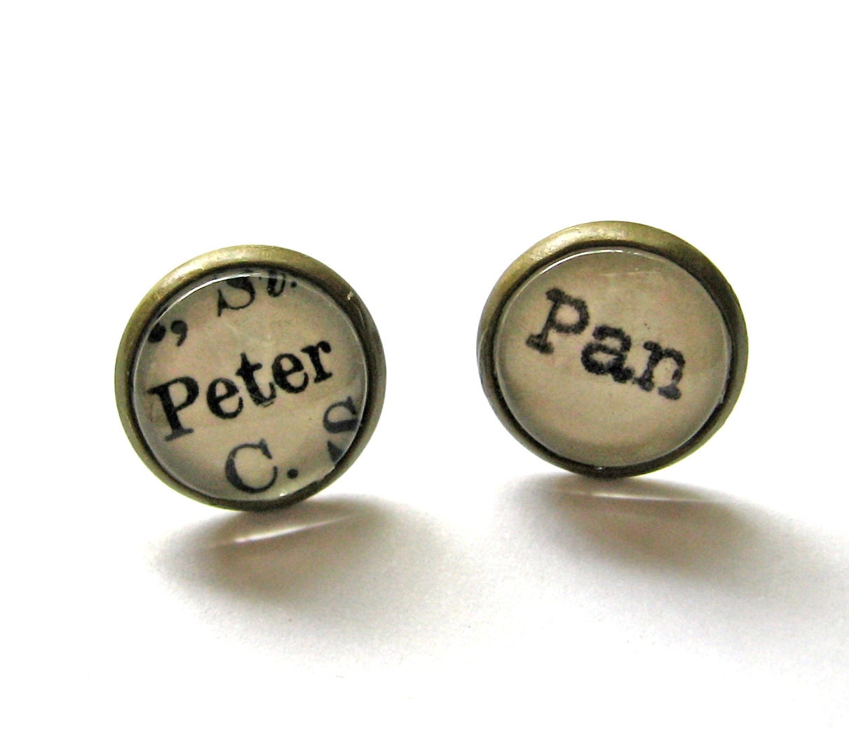 Peter Pan Fairy Tale Neverland Vintage Library Card Word Earrings Aged Brass