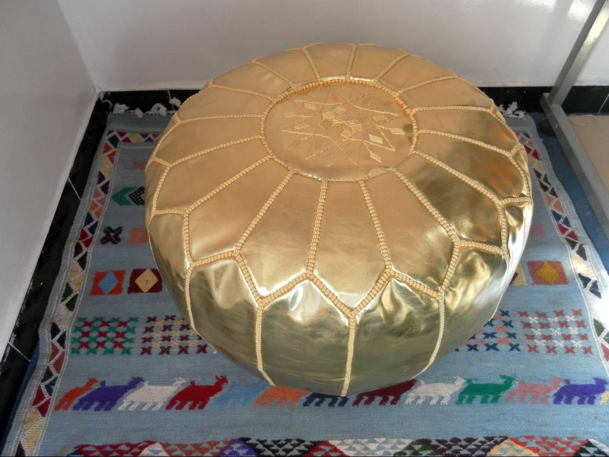 Gold color Faux leather MOROCCAN POUF :hand stitched / embroidered