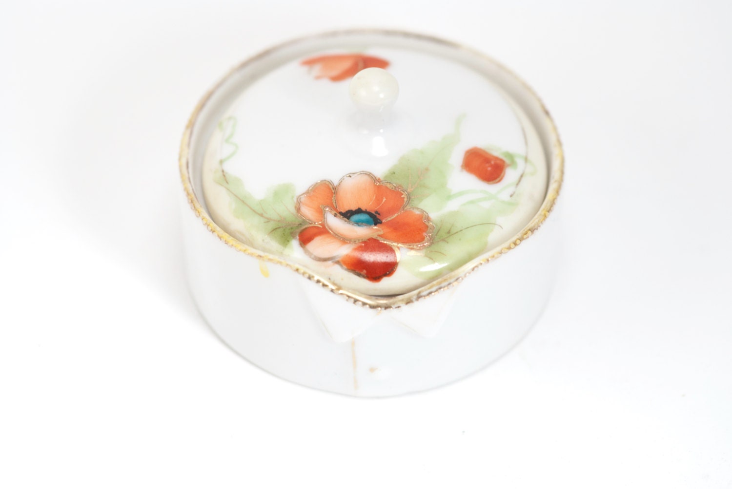 Vintage Nippon Porcelain Collar Stay Button Box Handpainted Orange Lotus Flowers