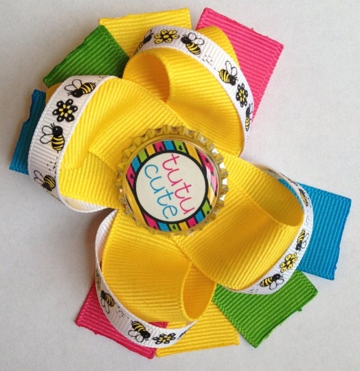 Girls Hair Bow Tutu Cute Boutique Stacked Ribbon Bubble Bees Pink Yellow Blue Green Bottle Cap Alligator Clip Ready to Ship Girly Summer