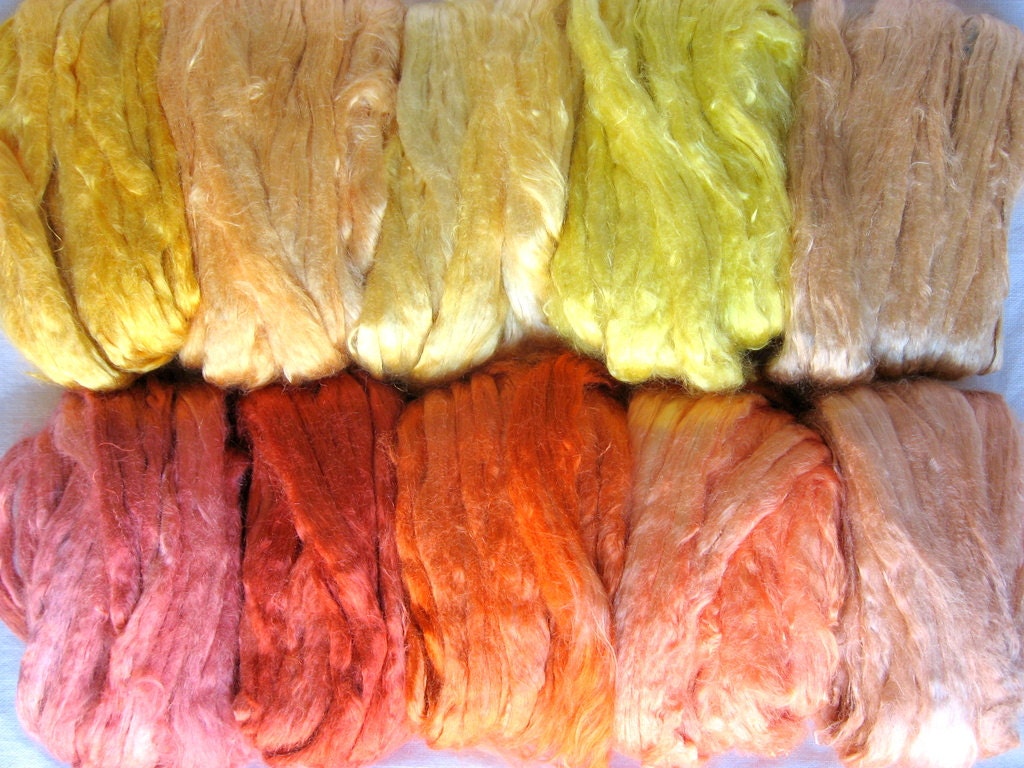10 ASSORTED Colors Mulberry Fiber Silk Roving Top SUNSHINE pack 3.2oz / 90g