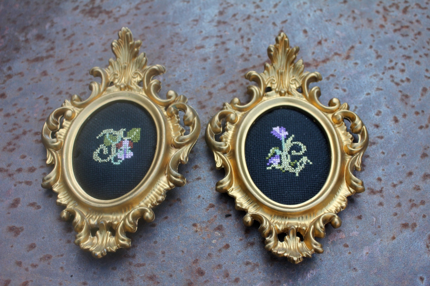 Pair of Vintage French hand done petit point in gold frames