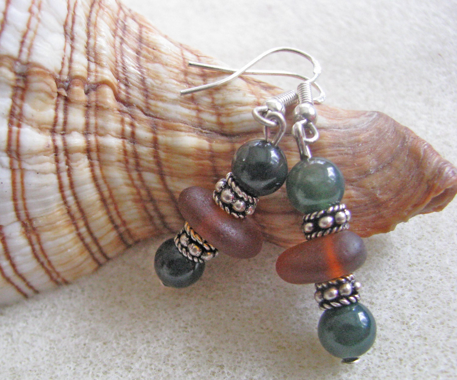 Brown Sea Glass and Jasper Dangle Earrings. TRANQUILITY.