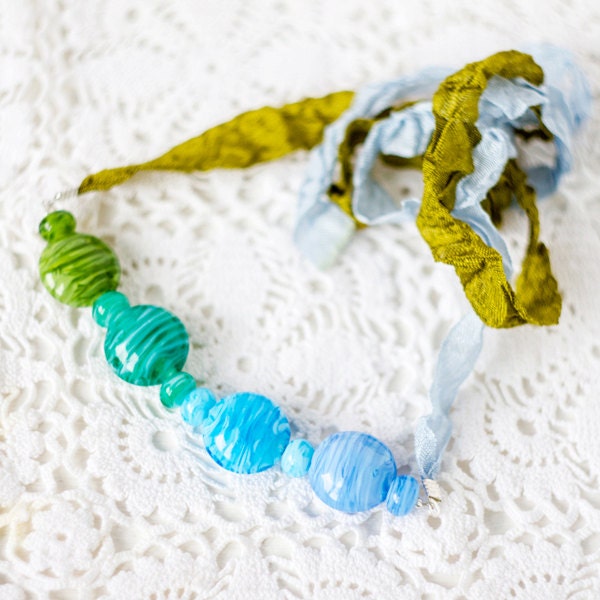 Ombre gradient handmade green and blue color lampwork glass statement necklace, OOAK