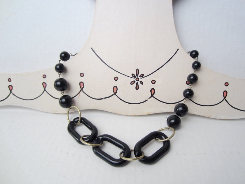 Vintage 1970's Black Plastic and Metal Chain Link with Beads Necklace