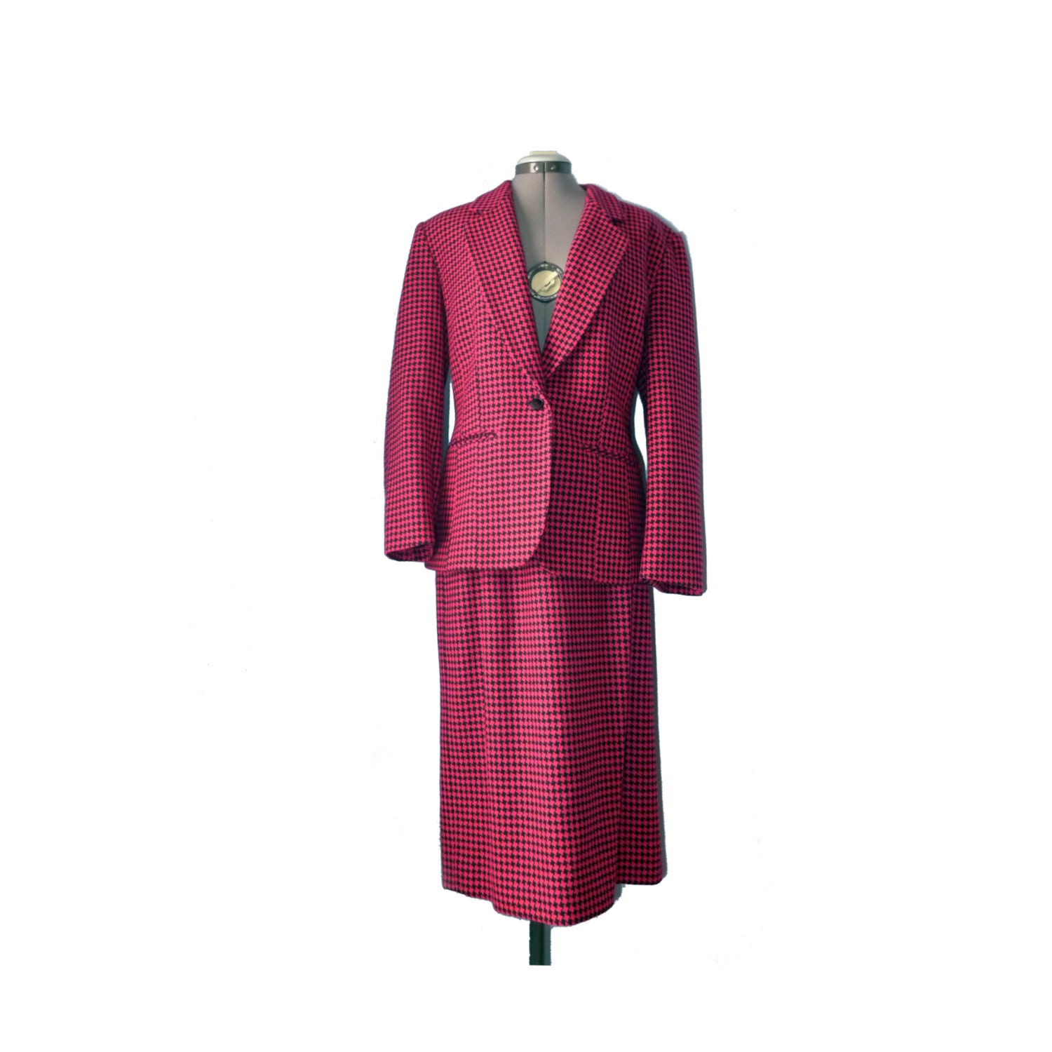 Hot pink wool houndstooth - vintage Pendleton 1980's separates - suit - 12 L fitted blazer and skirt