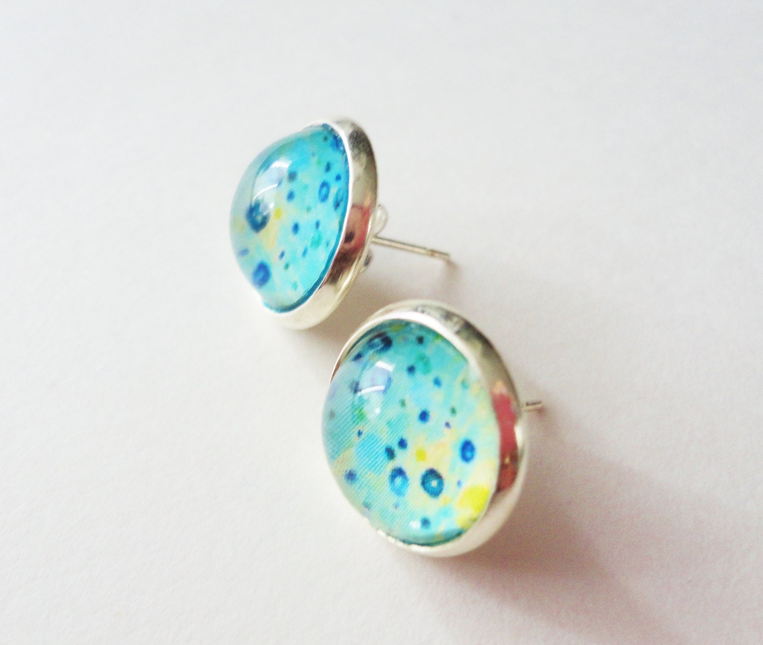 WHAT GOES UP Handmade Abstract Art Earrings Ocean Waves Colorful Peach Turquoise Blue Bubbles 12mm Post Stud Type Modern Hipster Jewelry