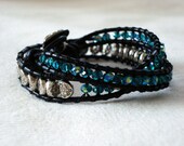 Handcrafted Leather Boho Double Wrap Bracelet - Silver Celtic Beads and Aqua Czech Glass