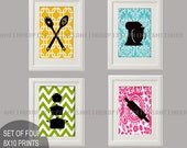 Unframed Kitchen Utensils Art Collection  -Set of 4- 5x7 Prints- Yellow Blue Green Pink