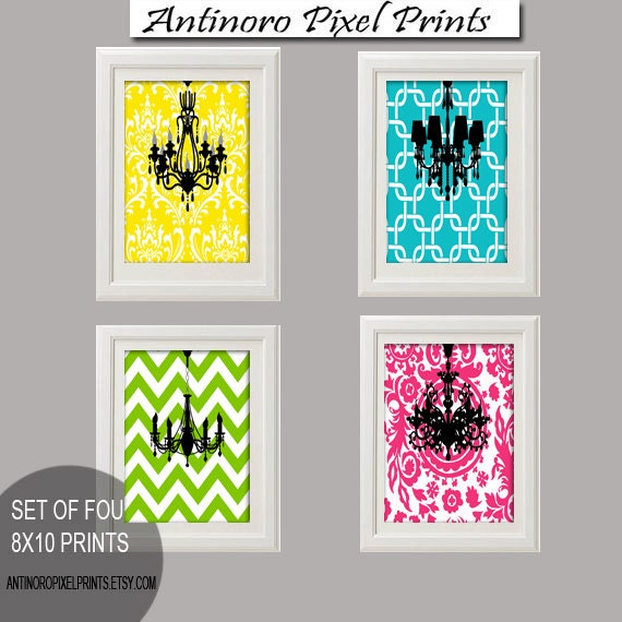Chandeliers Vintage / Modern inspired Ikat Art Prints Collection (Series A) -Set of 4 - 8x10 Prints -   (UNFRAMED)