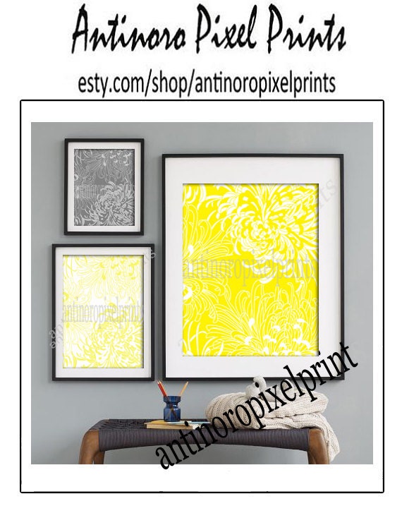 Floral Collage Yellow Greys Black Art Wall Gallery Digital Print  -Set of (3) -  Prints -  16x20, 8x10, 5x7, (UNFRAMED)