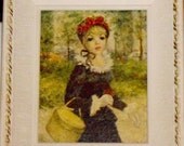 Vintage Art Print in Shabby Chic Wood Frame, French Style Home Decor, Signed Hulah