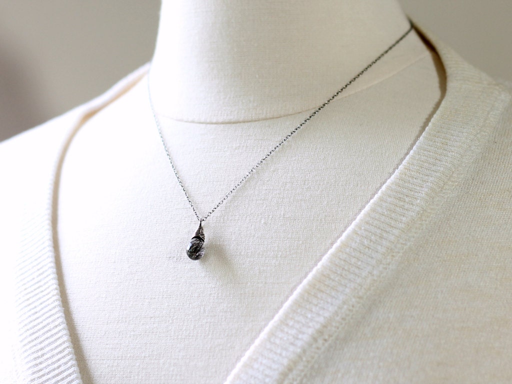 Tourmalinated Quartz Necklace, Oxidized Sterling Silver Wire Wrapped Black Rutilated Quartz Pendant Necklace