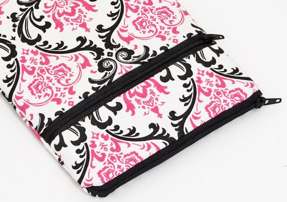 iPad mini sleeve, zipper iPad mini pouch, apple ipad mini cover with front pocket - black and pink damask