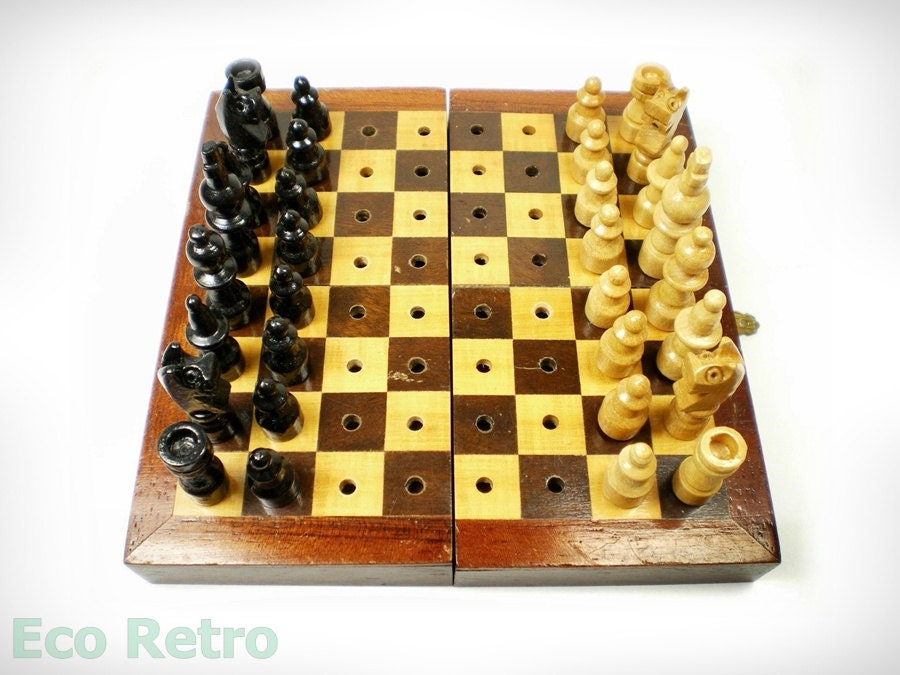 Vintage Wooden Travel Chess Set in Original Folding Mahogany Box