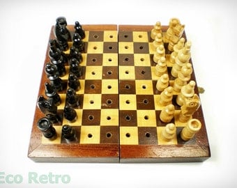 Vintage Wooden Travel Chess Set in Original Folding Mahogany Box