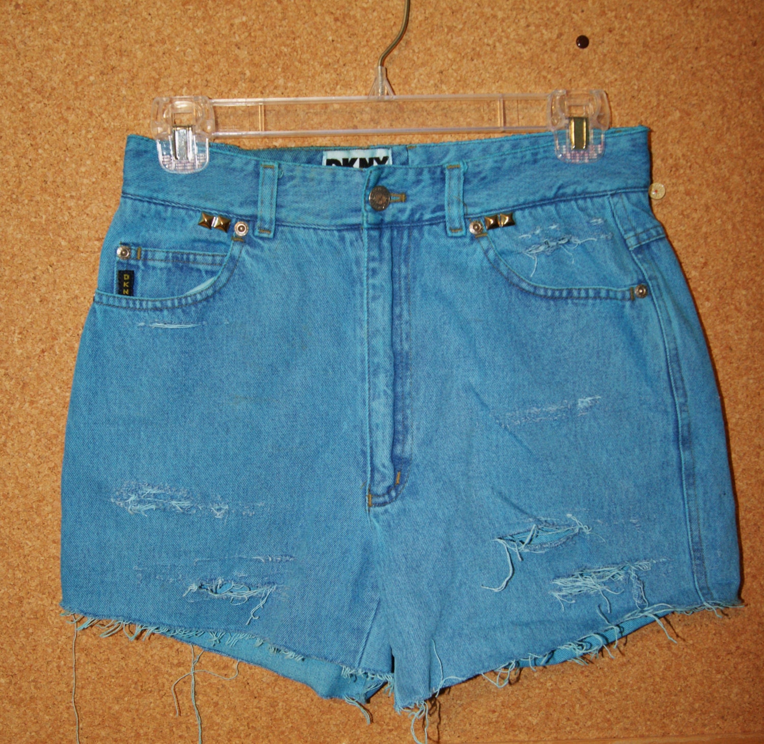 High Waisted Vintage Shorts-Blue-Studded-Distressed-Handmade