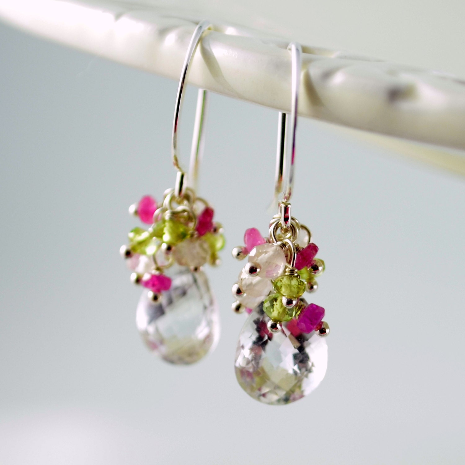 NEW Spring Bridal Earrings, Rock Crystal Quartz Peridot Sapphire Cluster, Sterling Silver Gemstone Jewelry - Spring Thaw - Free Shipping