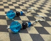 Teal Blue and Black Glass Bead Dangle Earrings