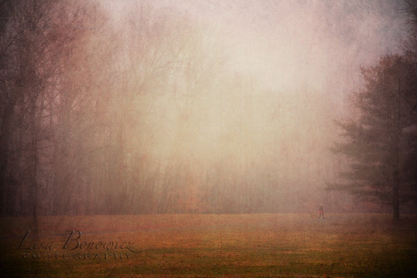 Run Girl Run - Nature Photography - Surreal Dreamy Forest Trees Mist Fog Girl Running Wall Art - Photograph 8x12