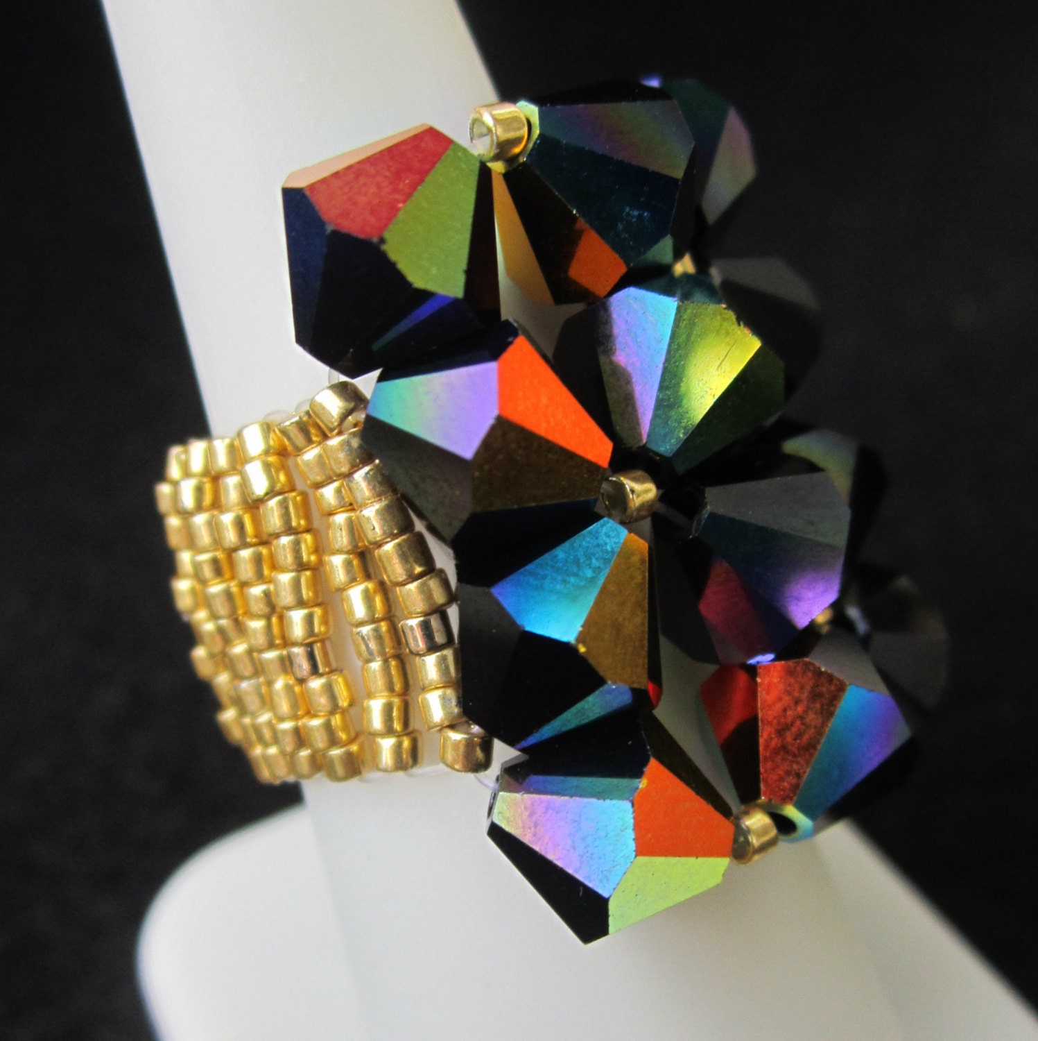 Black Jet AB Swarovski Crystal Jewelry Stretch Band Cocktail Bling Ring Anniversary Birthday Wedding