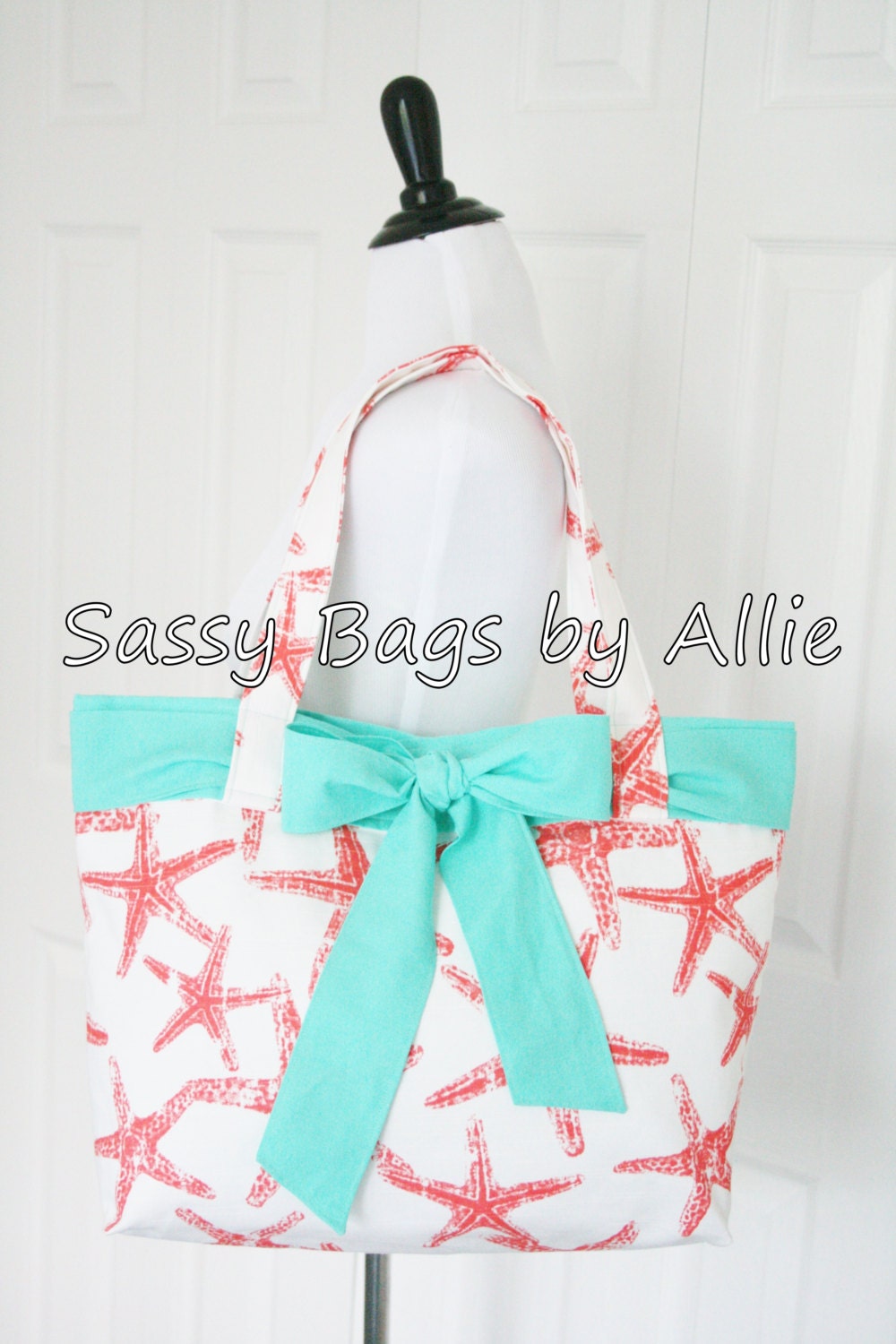 Sassy Starfish Handbag in Coral and Turquoise-Large Purse with Bow