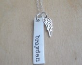 Sterling Silver Wing Charm Necklace with Hand Stamped Name - Personalized Necklace - "My Angel"