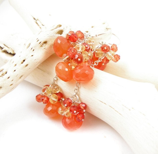 Orange long dangle earrings , gemstone earrings , birtstone jewelry , carnelian